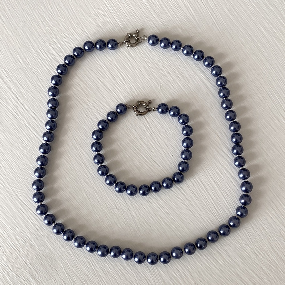 Blue Freshwater Cultured Pearls Necklace & Bracelet Set Handmade